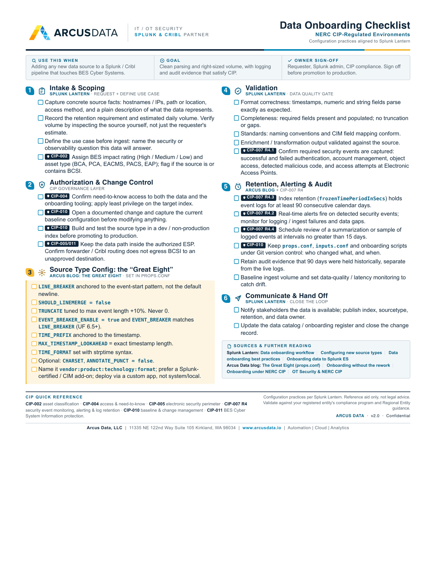 Arcus Data — Data Onboarding Checklist for NERC CIP-Regulated Environments